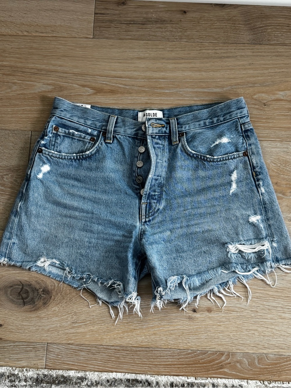 Agolde Light Blue Distressed High-Rise Jean Shorts